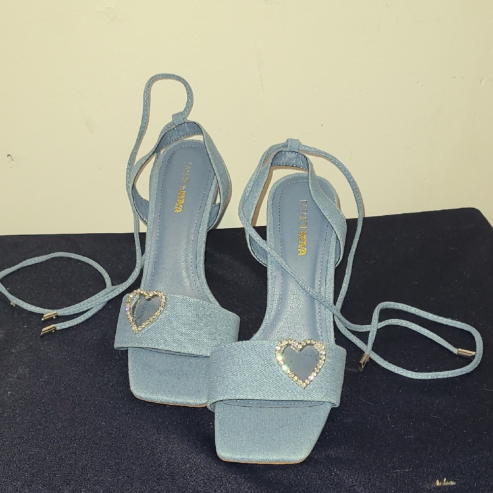 Women's Blue Denim Heeled Sandals Stilettos with Heart Detail
